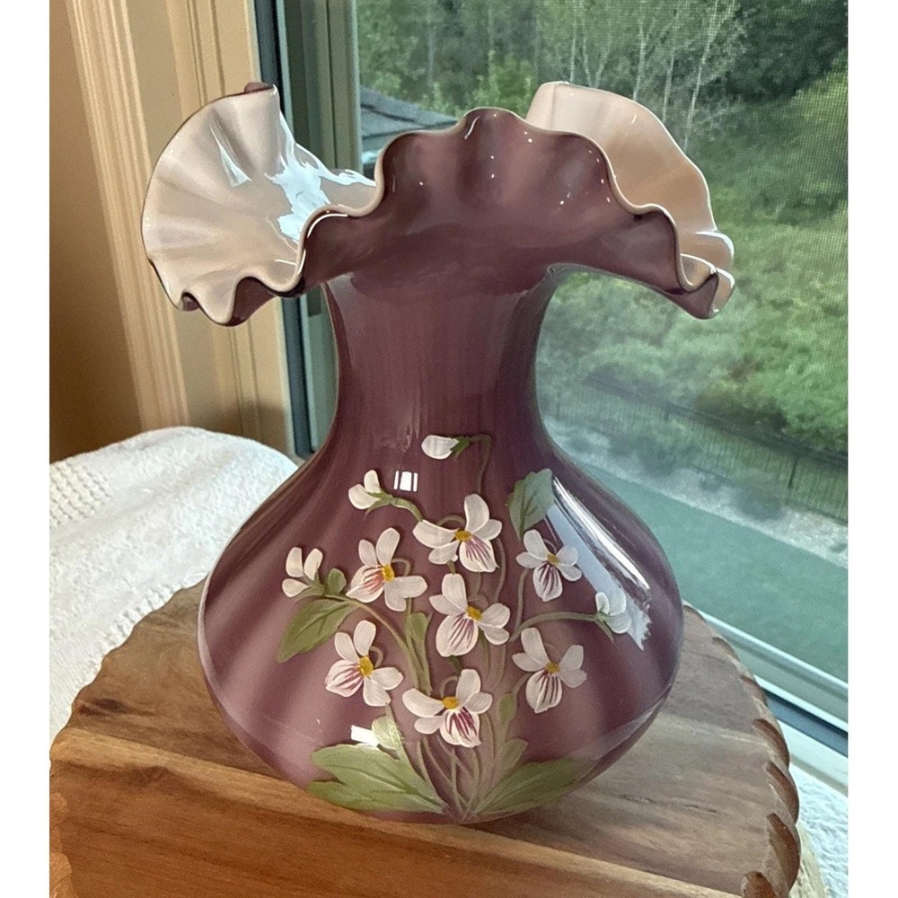 Fenton Plum Overlay Rib Optic HP Vase Family Signed Piece 7" Tall QVC VTG